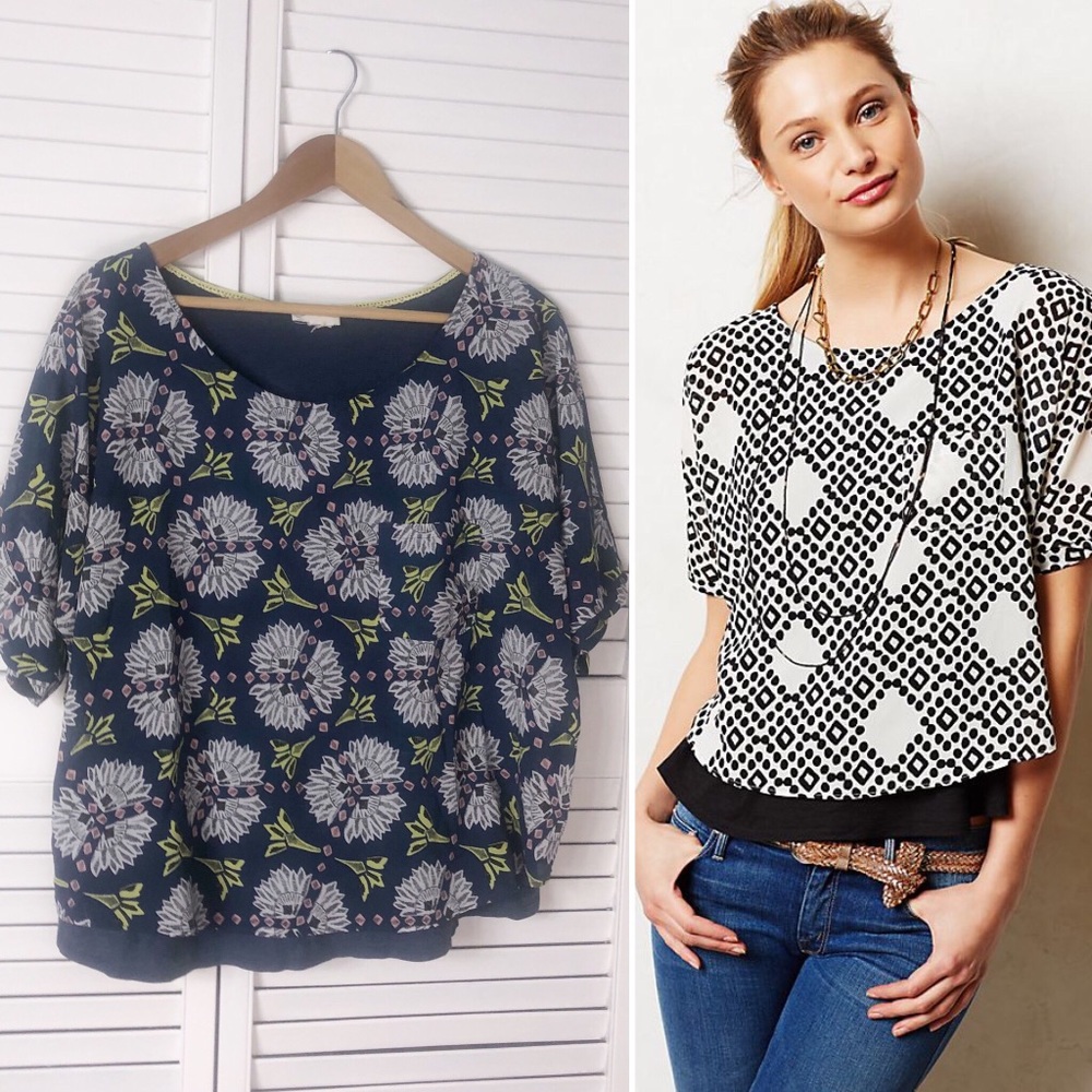 Anthropologie Black Floral Short-Sleeve Blouse with Green Accents